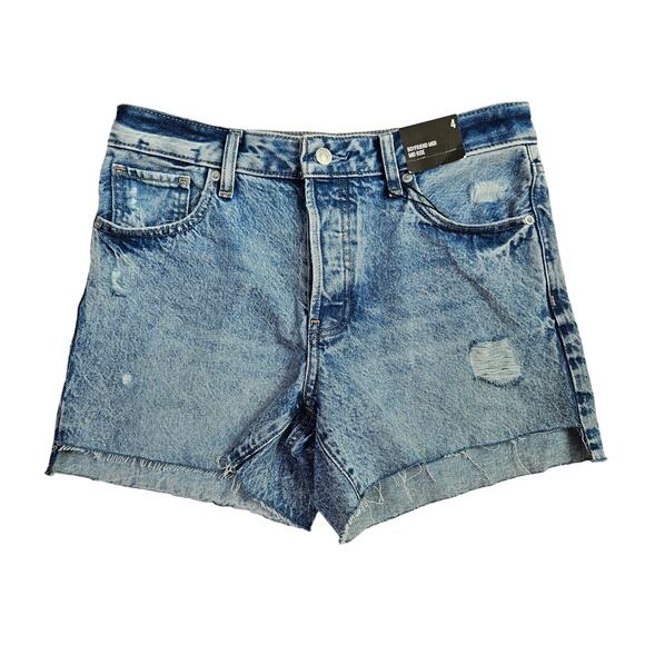 New Express Boyfriend Midi Mid Rise Distressed Drop Hem Denim Shorts Size 4 - Picture 1 of 16